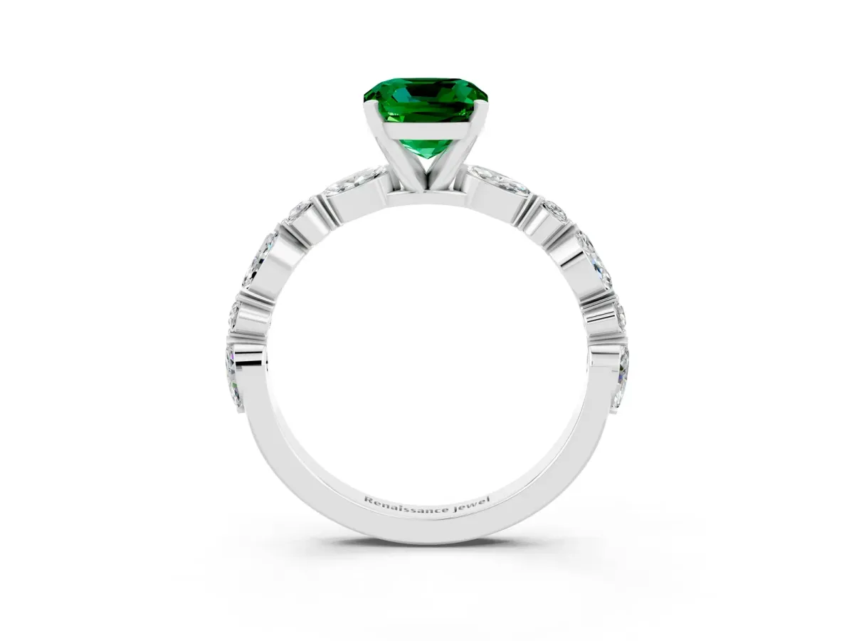 Cushion Cut Emerald Ring with Marquise and Round Side Stones and Four-Prong Setting White gold