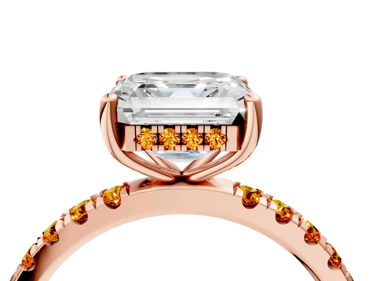 Asscher Cut Diamond Pave Band Solitaire Ring with Round Citrine and Prong Setting Rose gold