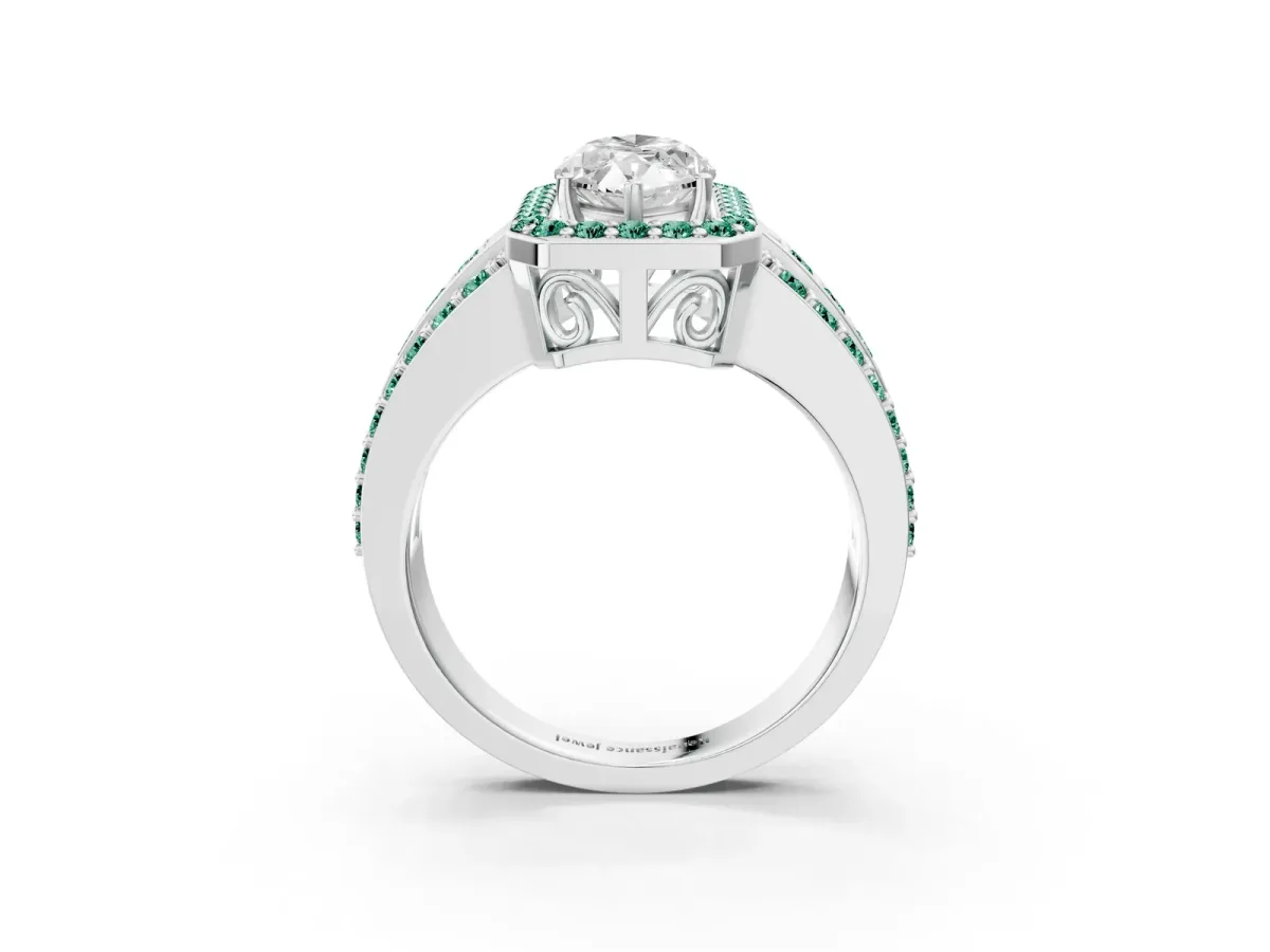 Marquise Cut Halo Diamond Ring with Round Green Sapphire Split Shank and Prong Setting Silver