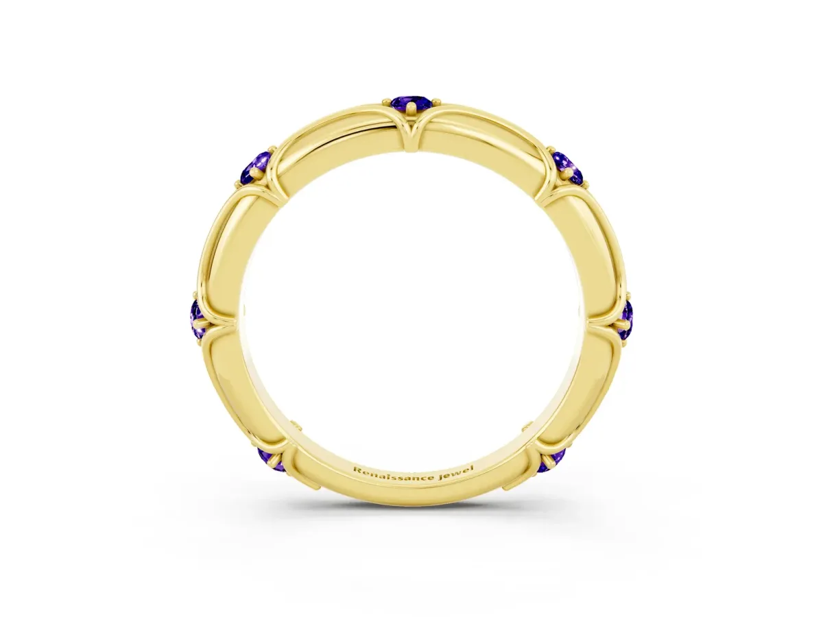 Round Tanzanite Prong Set Milgrain Eternity Band Yellow gold