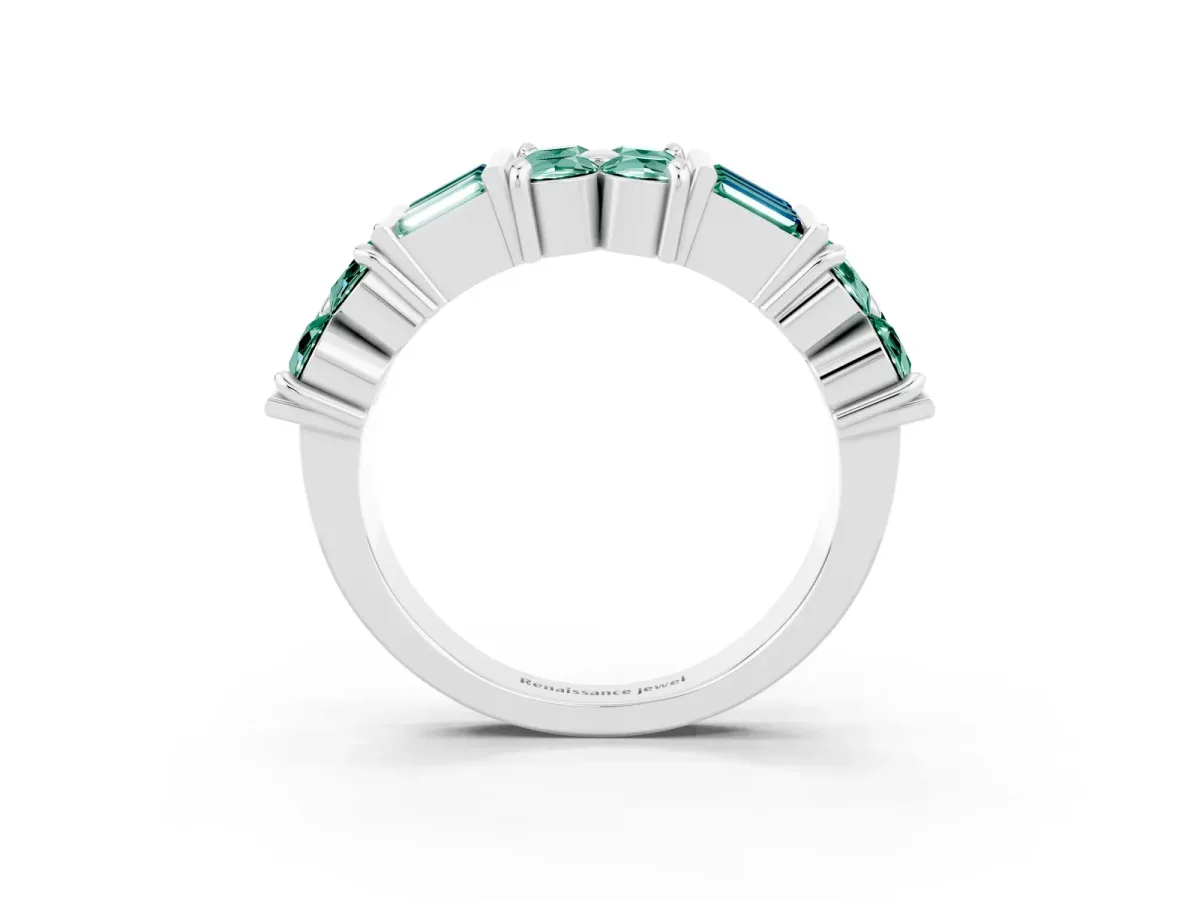 Channel Set Round and Baguette Green Sapphire Anniversary Band with Prong Setting Silver