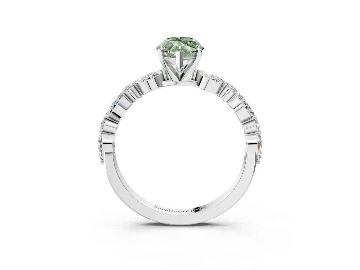 Fancy Green Marquise Cut Diamond Ring with Marquise and Round Side Stones and Four-Prong Setting Silver