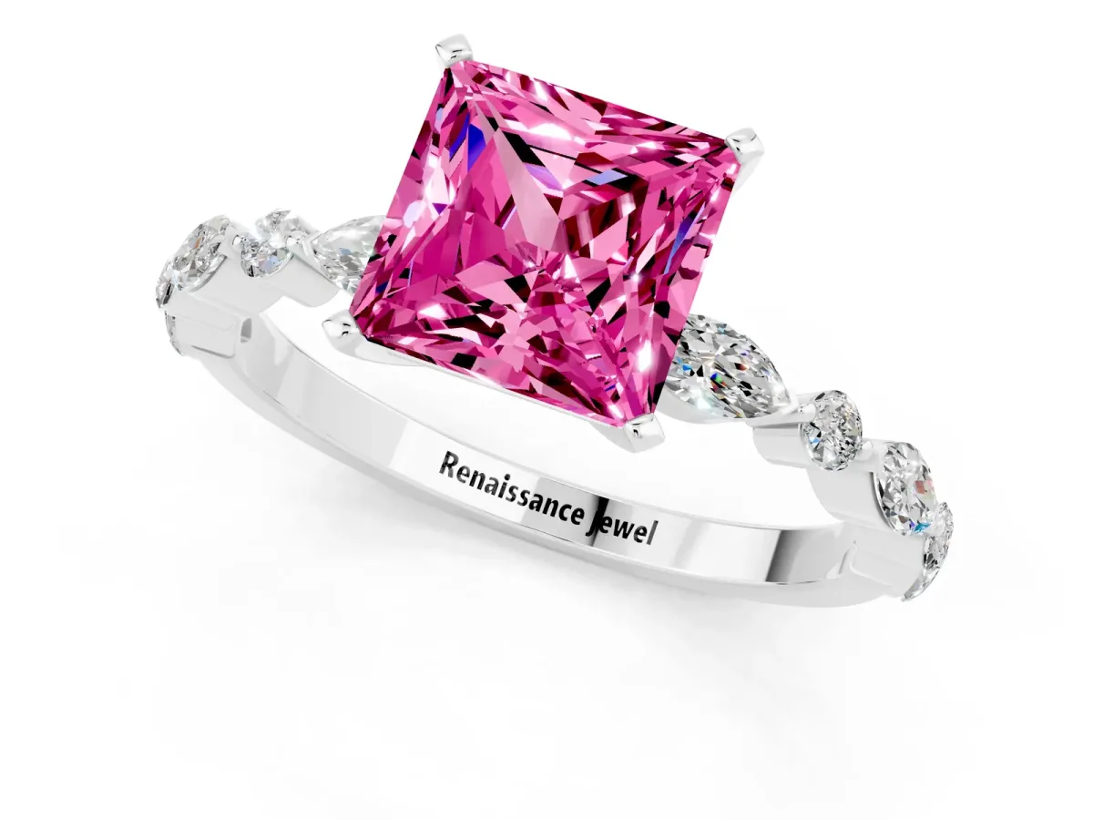 Princess Cut Pink Sapphire Ring with Marquise and Round Side Stones and Four-Prong Setting Platinum
