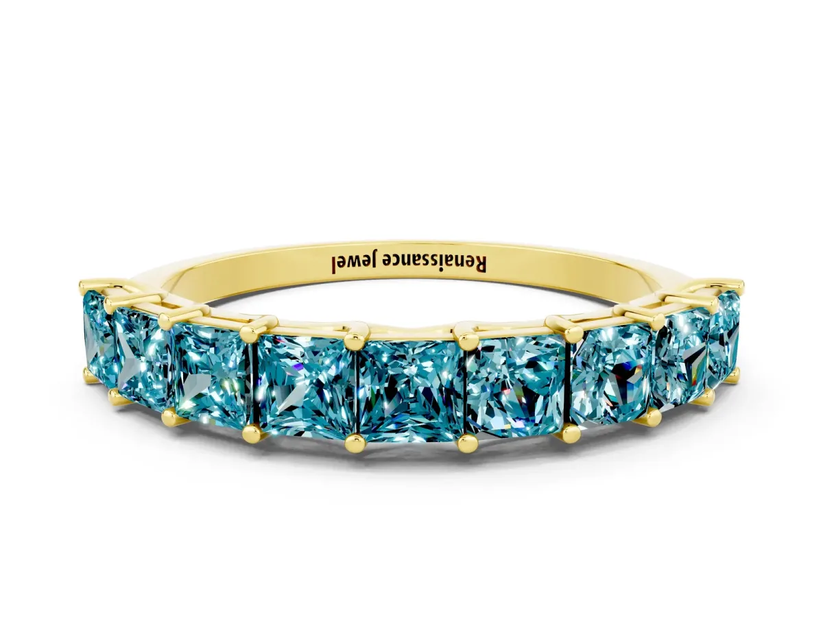 Princess Cut Blue Topaz Channel-Set Eternity Band with Prong Setting Yellow gold