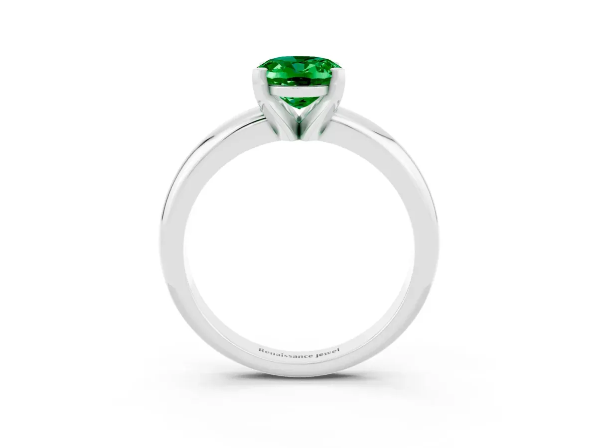 Oval Cut Emerald Solitaire Engagement Ring with Round Band and Four-Prong Setting Platinum