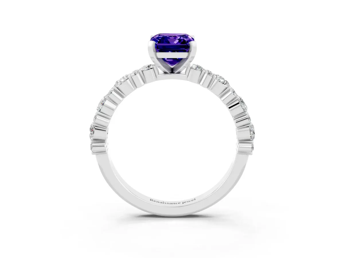 Emerald Cut Tanzanite Side Stone Solitaire Ring with Round and Four-Prong Setting Platinum