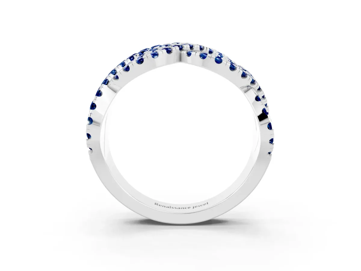 Pavé Round Blue Sapphire Infinity Twist Band with Shared Prong Setting White gold