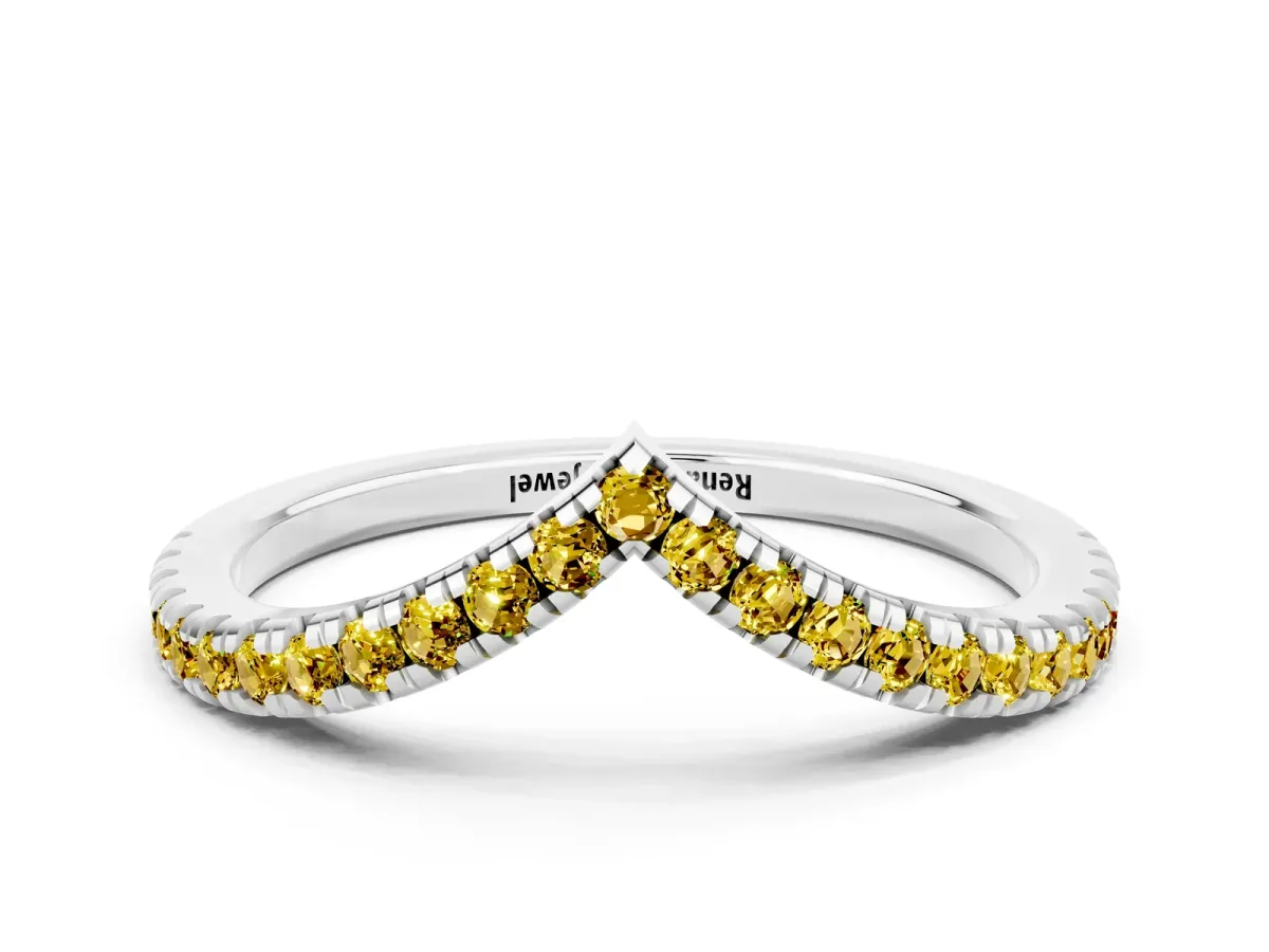 Pavé Round Yellow Sapphire V-Shaped Chevron Band with Shared Prong Setting White gold