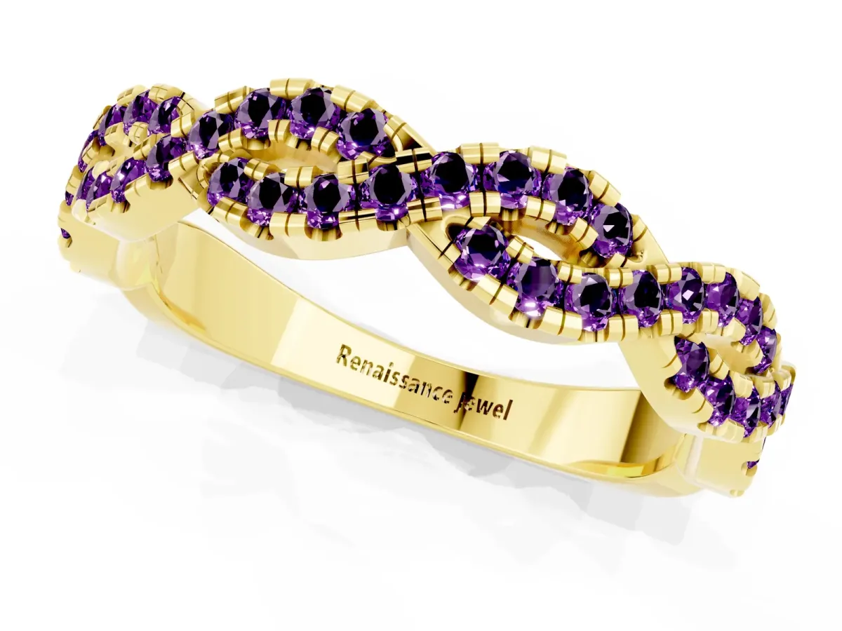 Round Amethyst Twisted Eternity Band with Pavé and Shared Prong Setting Yellow gold