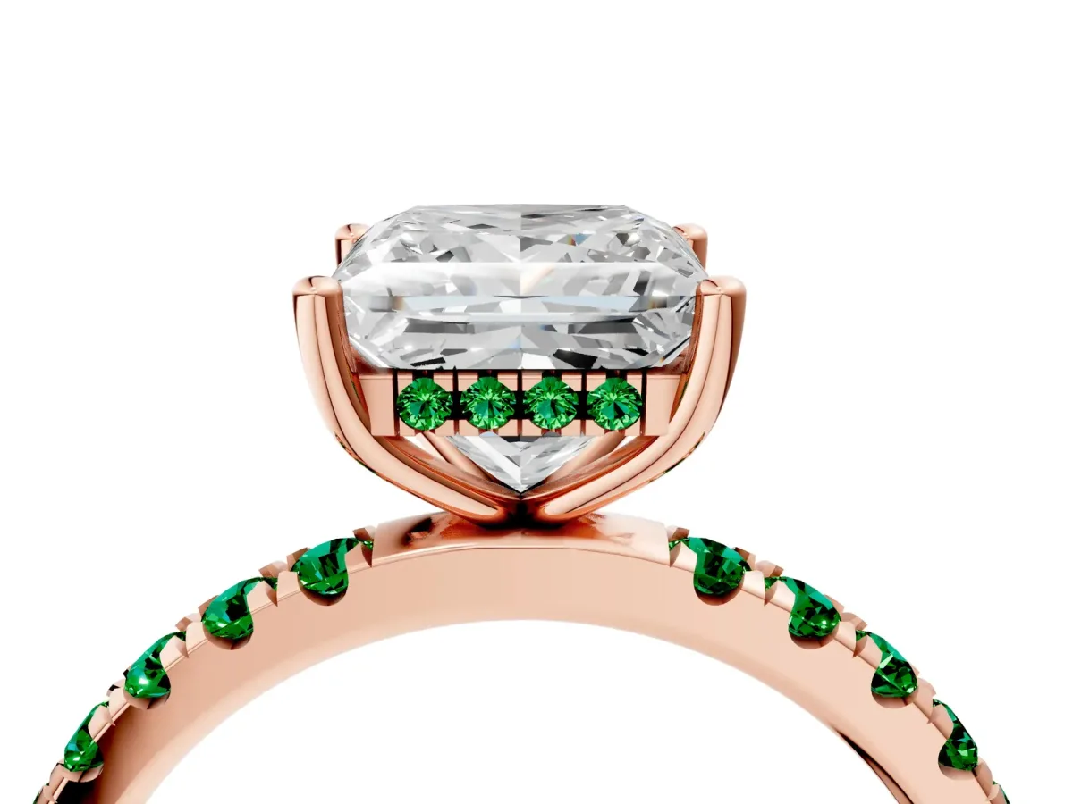 Princess Cut Diamond Pave Band Solitaire Ring with Round Emerald and Prong Setting Rose gold