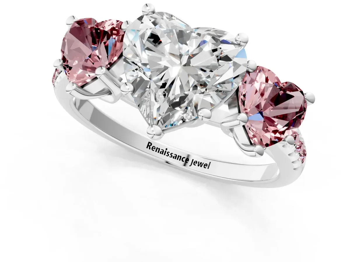 Three-Stone Heart Cut Diamond Ring with Round Morganite Pavé Band and Prong Setting White gold