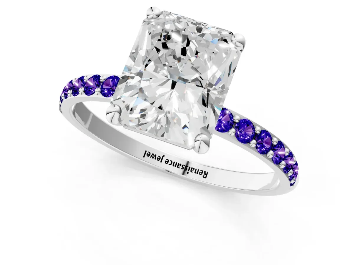 Radiant Cut Diamond Solitaire Ring with Round Tanzanite Pavé Band and Prong Setting Silver