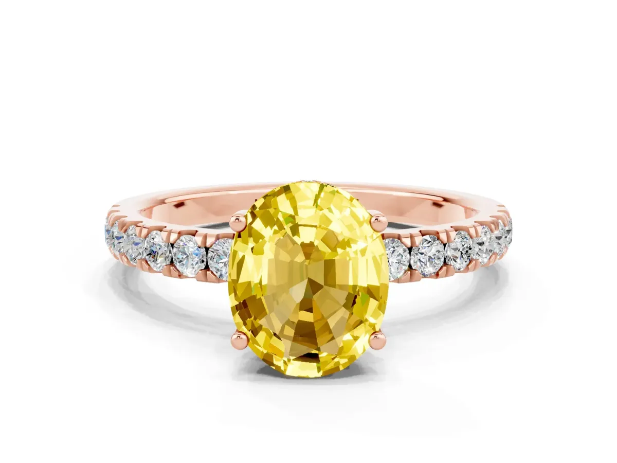 Oval Cut Yellow Sapphire Pave Band Solitaire Ring with Round and Prong Setting Rose gold