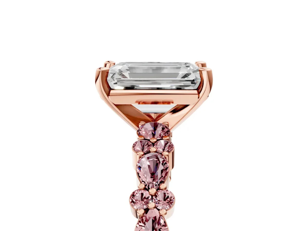 Emerald Cut Diamond Side Stone Solitaire Ring with Round Morganite and Four-Prong Setting Rose gold