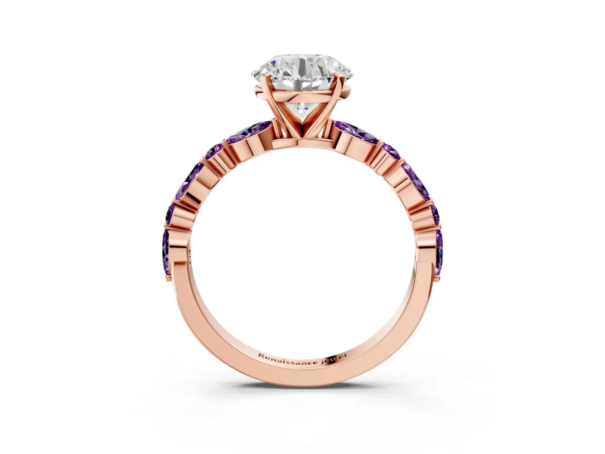Round Cut Diamond Ring with Marquise and Round Amethyst Side Stones and Four-Prong Setting Rose gold