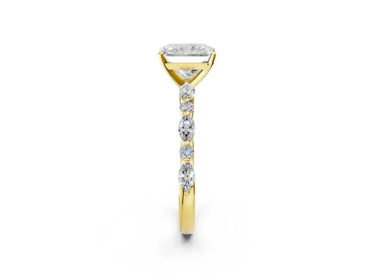 Radiant Cut Diamond Ring with Marquise and Round Side Stones and Four-Prong Setting Yellow gold