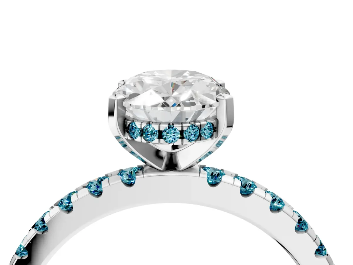 Oval Cut Diamond Solitaire Ring with Round Blue Topaz Pavé Band and Four-Prong Setting Platinum