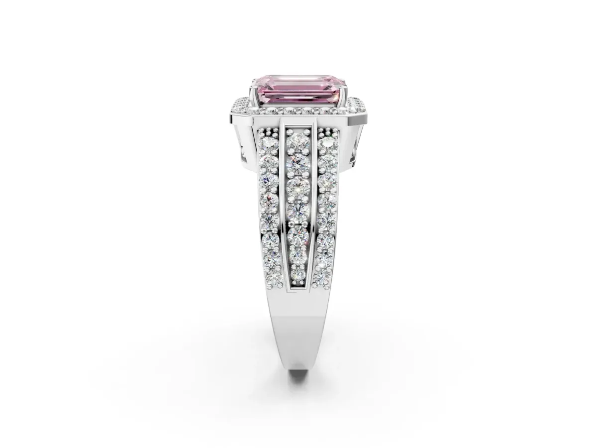 Fancy Pink Emerald Cut Halo Diamond Ring with Round Split Shank and Prong Setting Silver