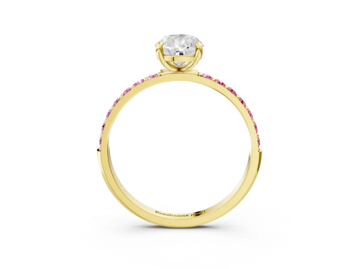 Pear Cut Diamond Solitaire Ring with Round Pink Sapphire Pavé Band and Prong Setting Yellow gold