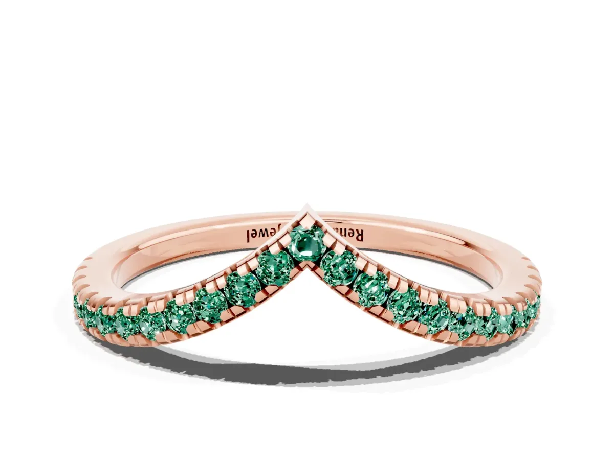 Pavé Round Green Sapphire V-Shaped Chevron Band with Shared Prong Setting Rose gold