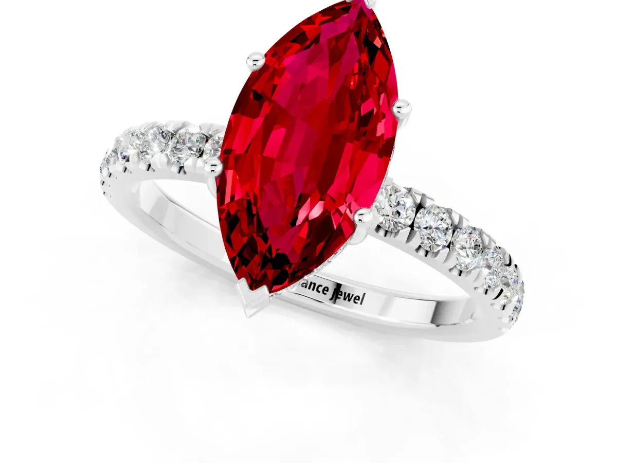 Marquise Cut Ruby Pave Band Solitaire Ring with Round and Prong Setting Silver