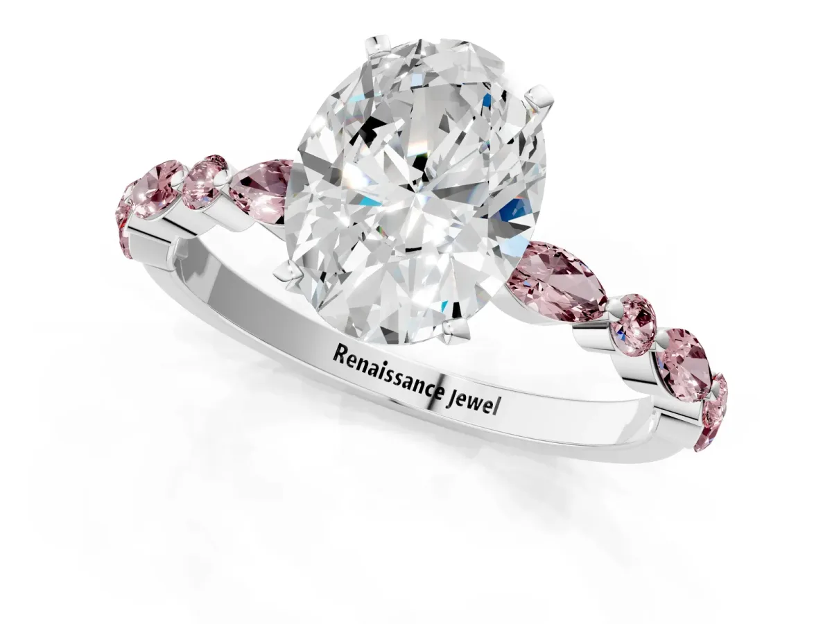 Oval Cut Diamond Ring with Marquise and Round Morganite Side Stones and Four-Prong Setting Silver
