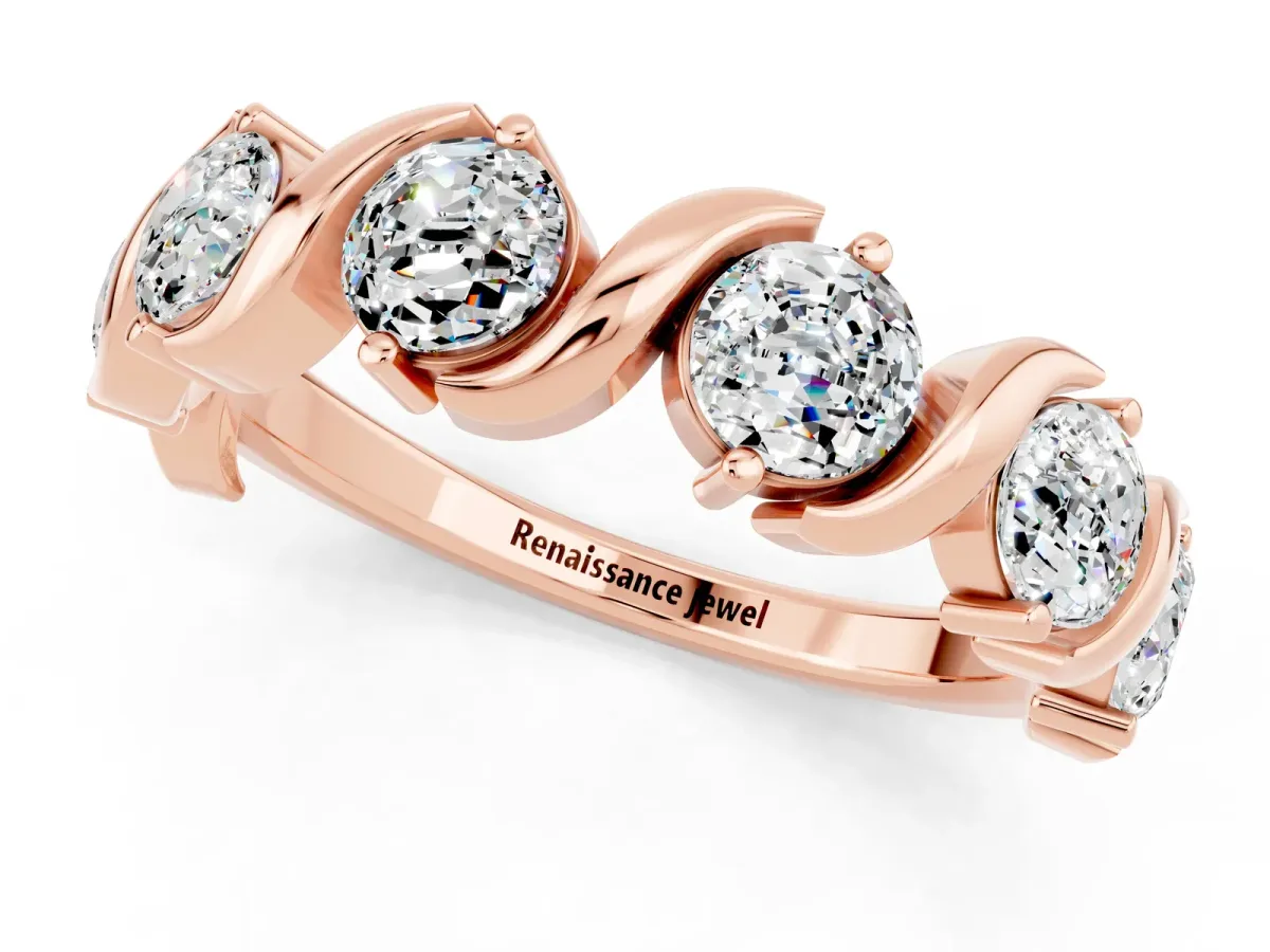 Six-Stone Round Moissanite Wave Band with Shared Prong Setting Rose gold