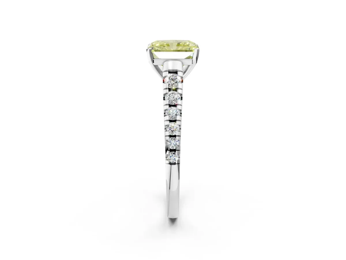 Fancy Yellow Radiant Cut Diamond Cathedral Solitaire Ring with Round Pavé Band Platinum