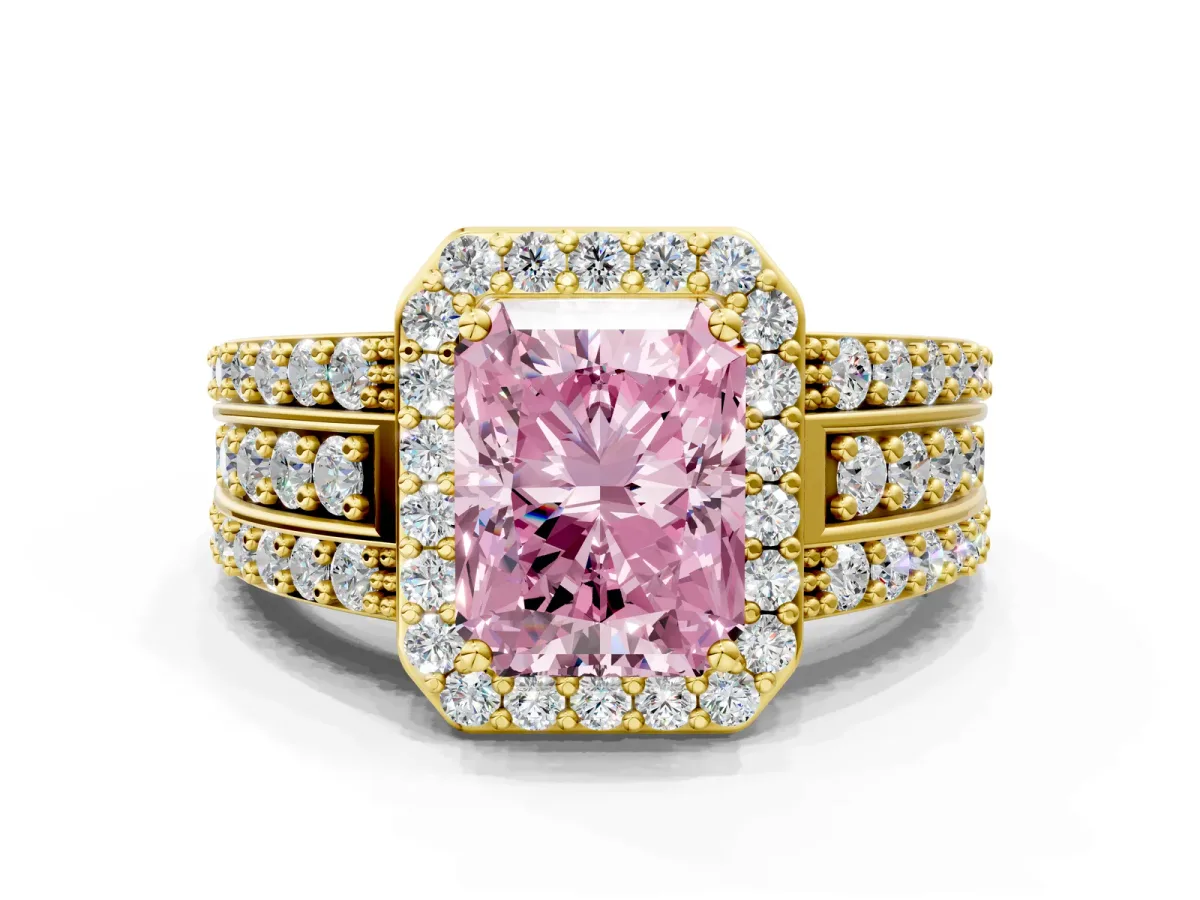Fancy Pink Radiant Cut Halo Diamond Ring with Round Split Shank and Prong Setting Yellow gold