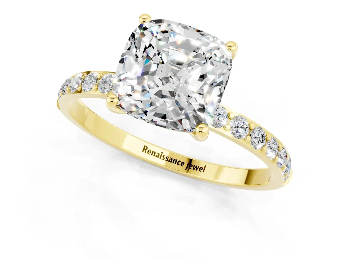 Cushion Cut Moissanite Solitaire Ring with Round Pavé Band and Prong Setting Yellow gold