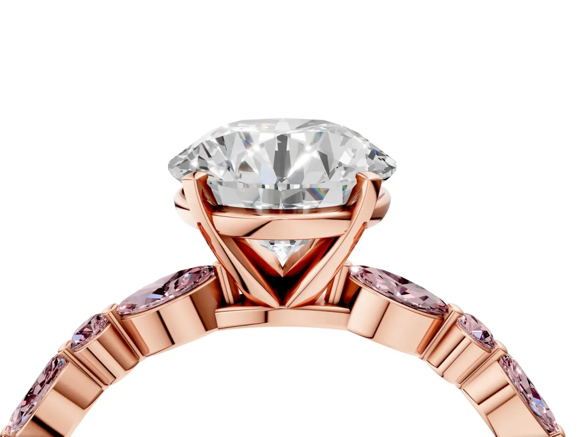 Round Cut Diamond Ring with Marquise and Round Morganite Side Stones and Four-Prong Setting Rose gold