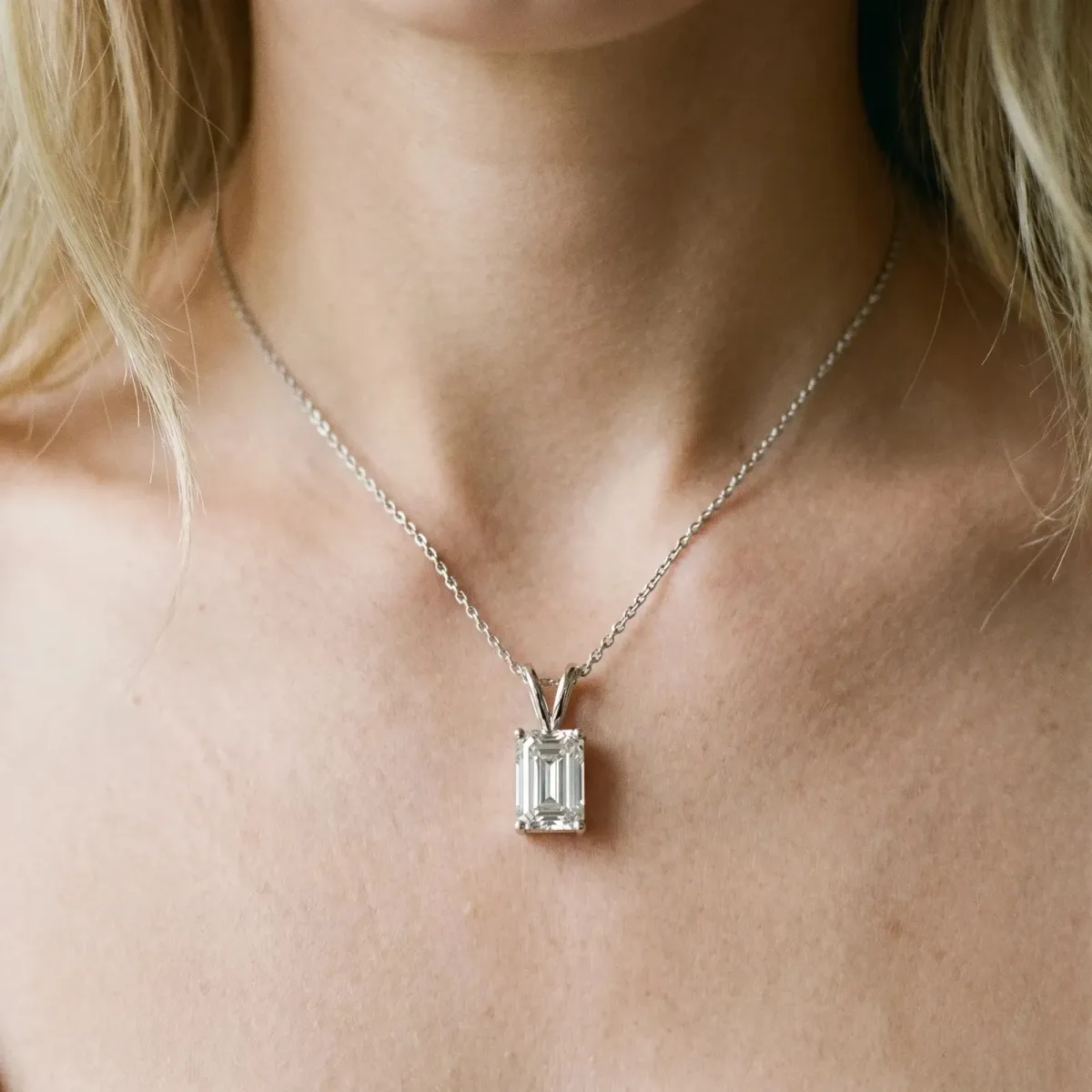 Emerald Cut Solitaire Pendant with Four-Prong Setting Silver