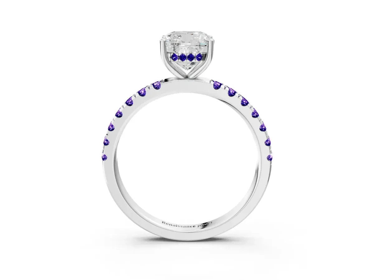 Cushion Cut Diamond Pave Band Solitaire Ring with Round Tanzanite and Prong Setting Platinum