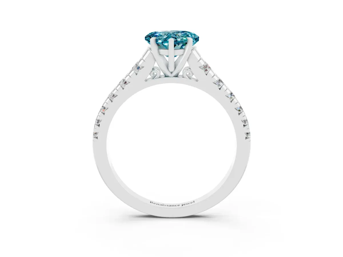 Heart Cut Blue Topaz Cathedral Solitaire Ring with Round Pavé Band Platinum