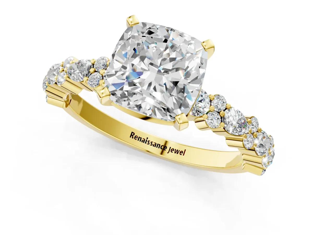 Cushion Cut Diamond Side Stone Solitaire Ring with Round Moissanite and Four-Prong Setting Yellow gold