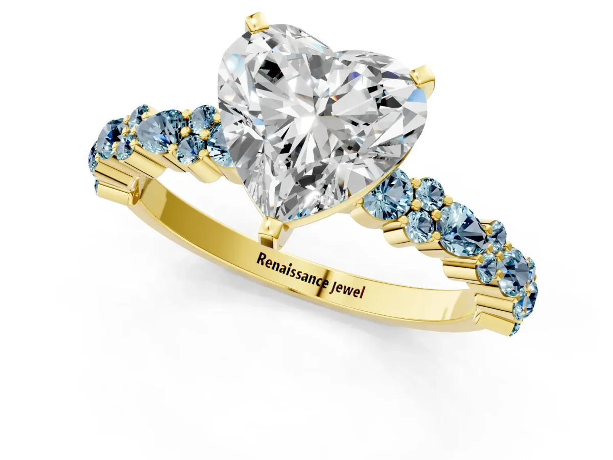 Heart Cut Diamond Side Stone Solitaire Ring with Round Aquamarine and Four-Prong Setting Yellow gold