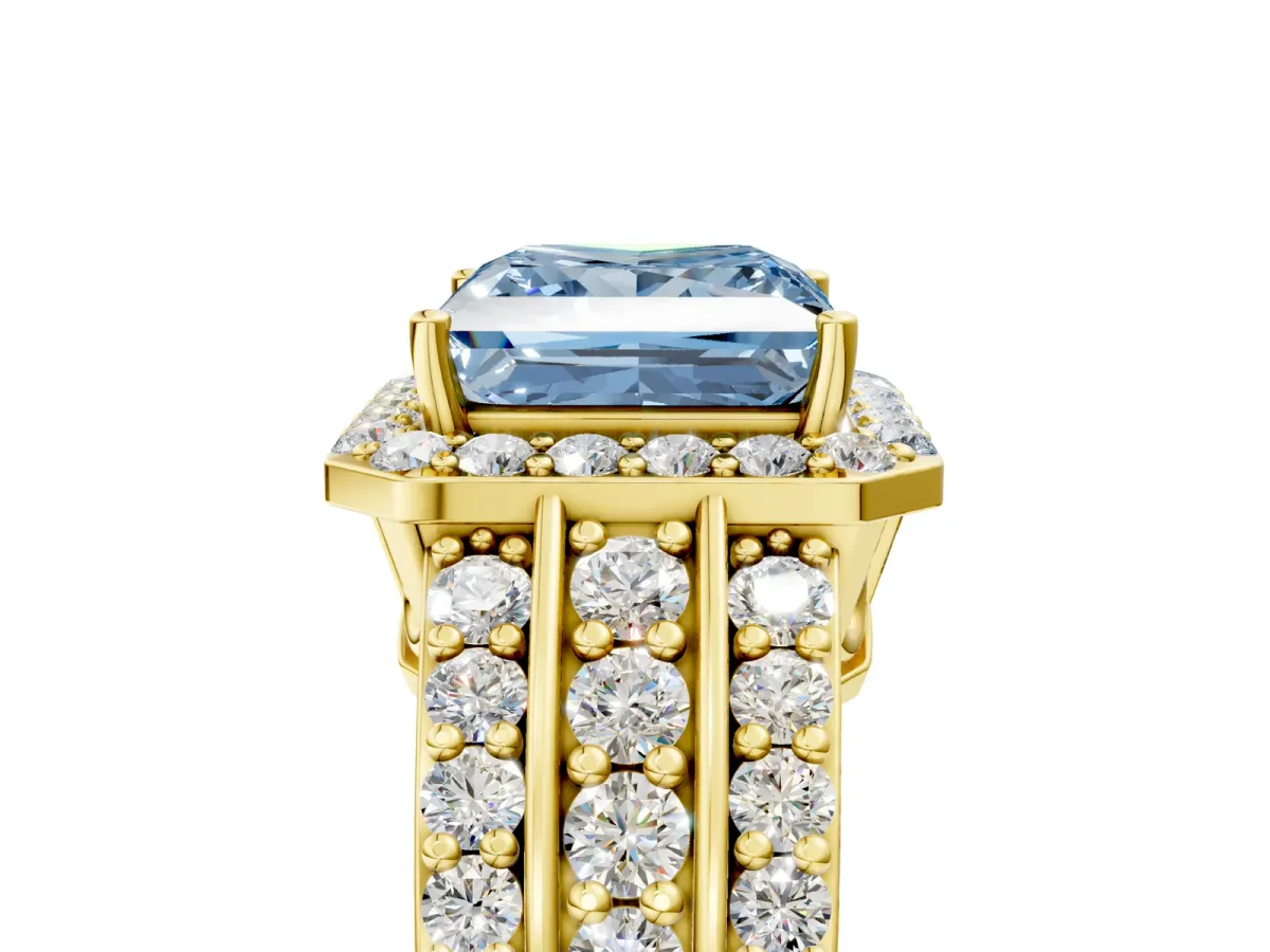 Fancy Blue Princess Cut Halo Diamond Ring with Round Split Shank and Prong Setting Yellow gold