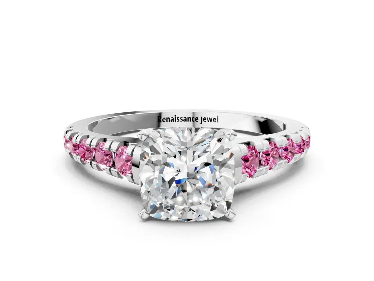 Cushion Cut Diamond Cathedral Solitaire Ring with Round Pink Sapphire Pavé Band Silver