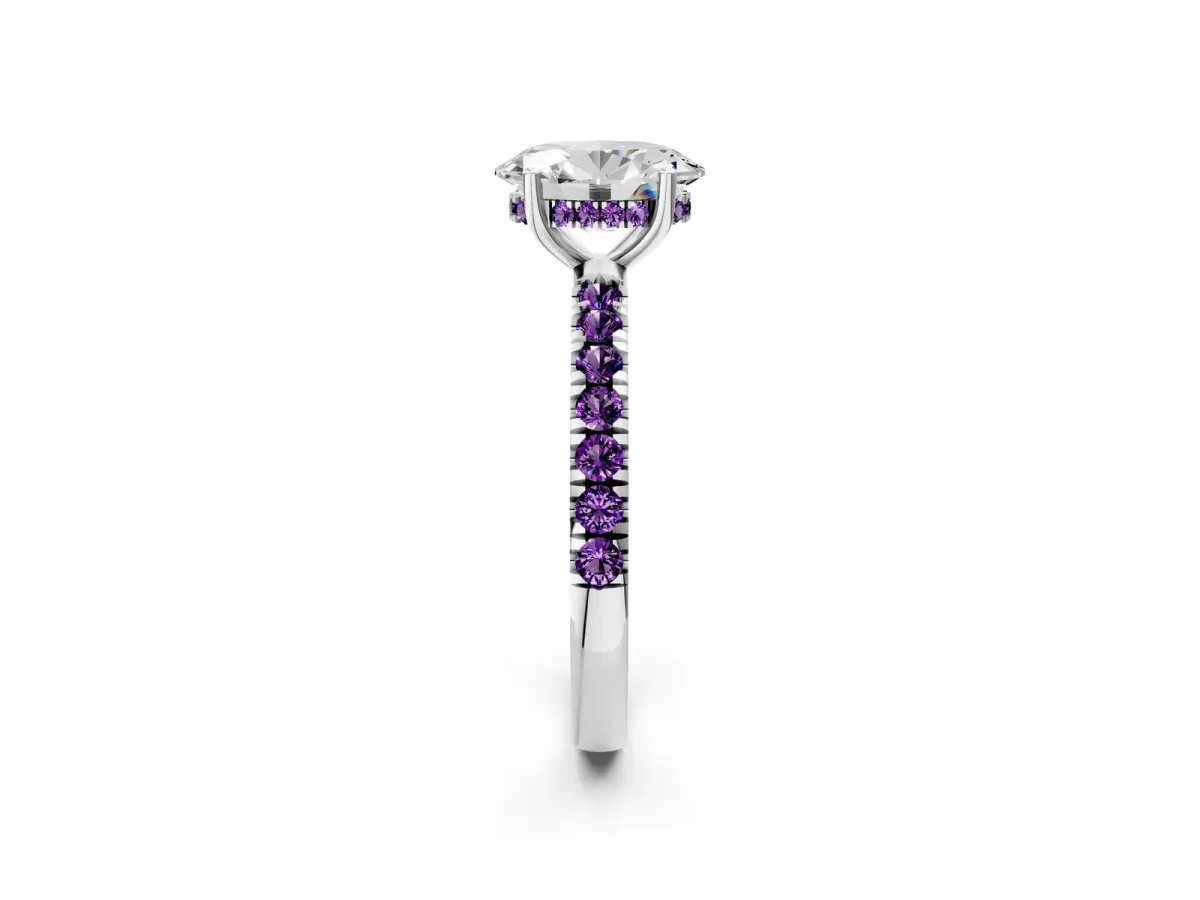 Oval Cut Diamond Pave Band Solitaire Ring with Round Amethyst and Prong Setting Platinum