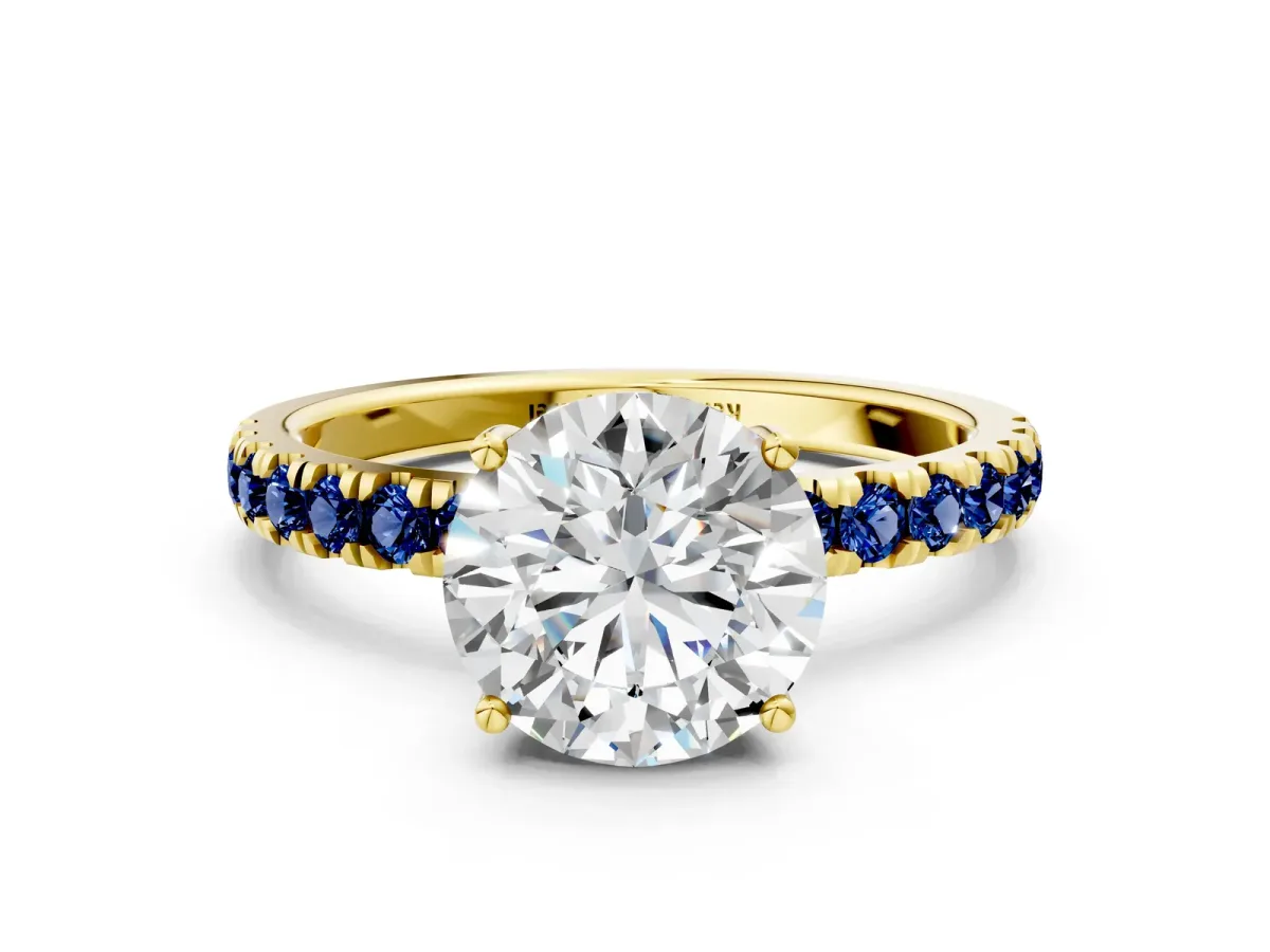 Round Cut Diamond Pave Band Solitaire Ring with Round Blue Sapphire and Prong Setting Yellow gold
