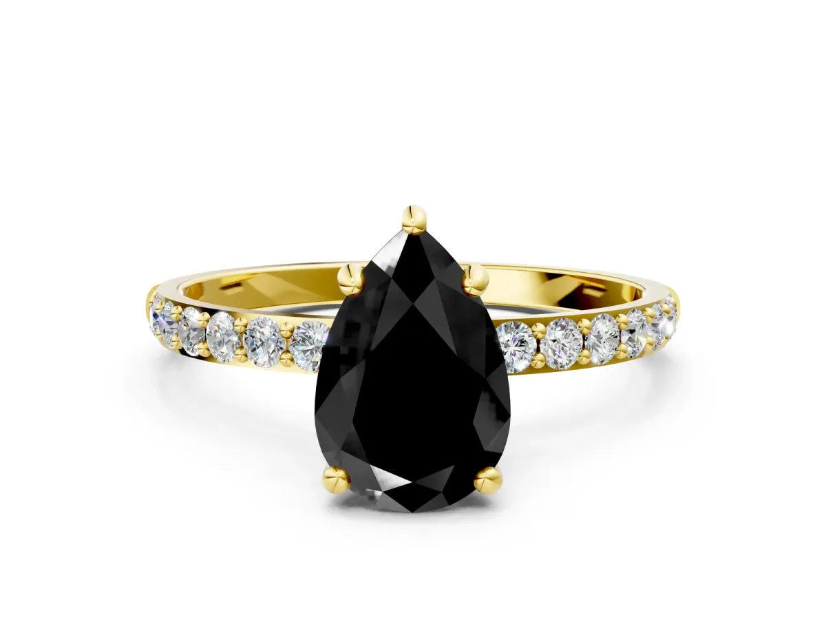 Fancy Black Pear Cut Diamond Solitaire Ring with Round Pavé Band and Prong Setting Yellow gold