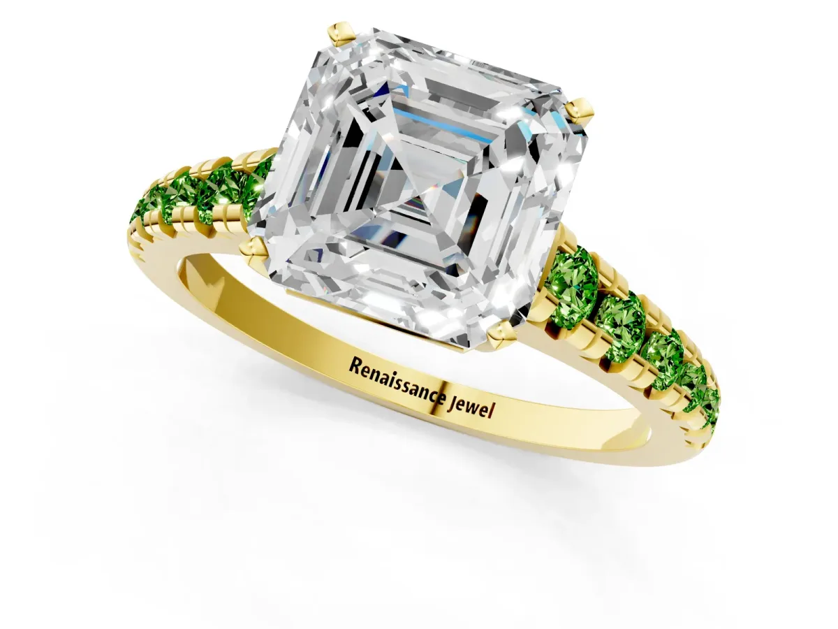 Asscher Cut Diamond Cathedral Solitaire Ring with Round Peridot Pavé Band Yellow gold