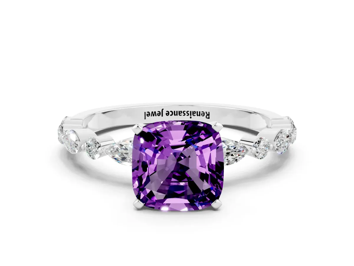 Cushion Cut Amethyst Ring with Marquise and Round Side Stones and Four-Prong Setting Silver