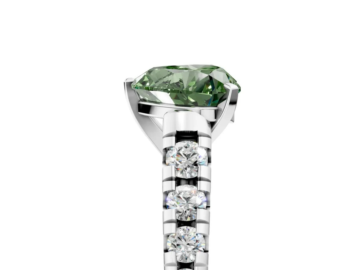 Fancy Green Heart Cut Diamond Cathedral Solitaire Ring with Round Pavé Band Silver