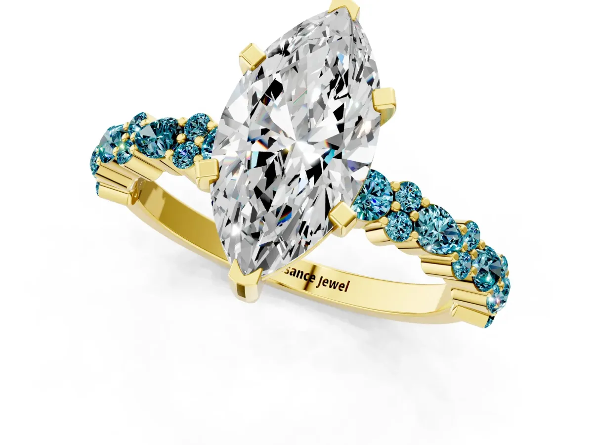 Marquise Cut Diamond Side Stone Solitaire Ring with Round Blue Topaz and Four-Prong Setting Yellow gold