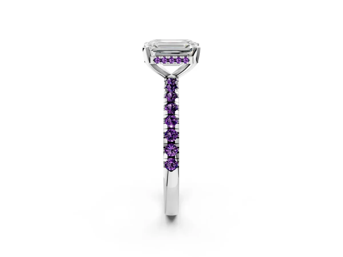 Emerald Cut Diamond Solitaire Ring with Round Amethyst Pavé Band and Four-Prong Setting Platinum