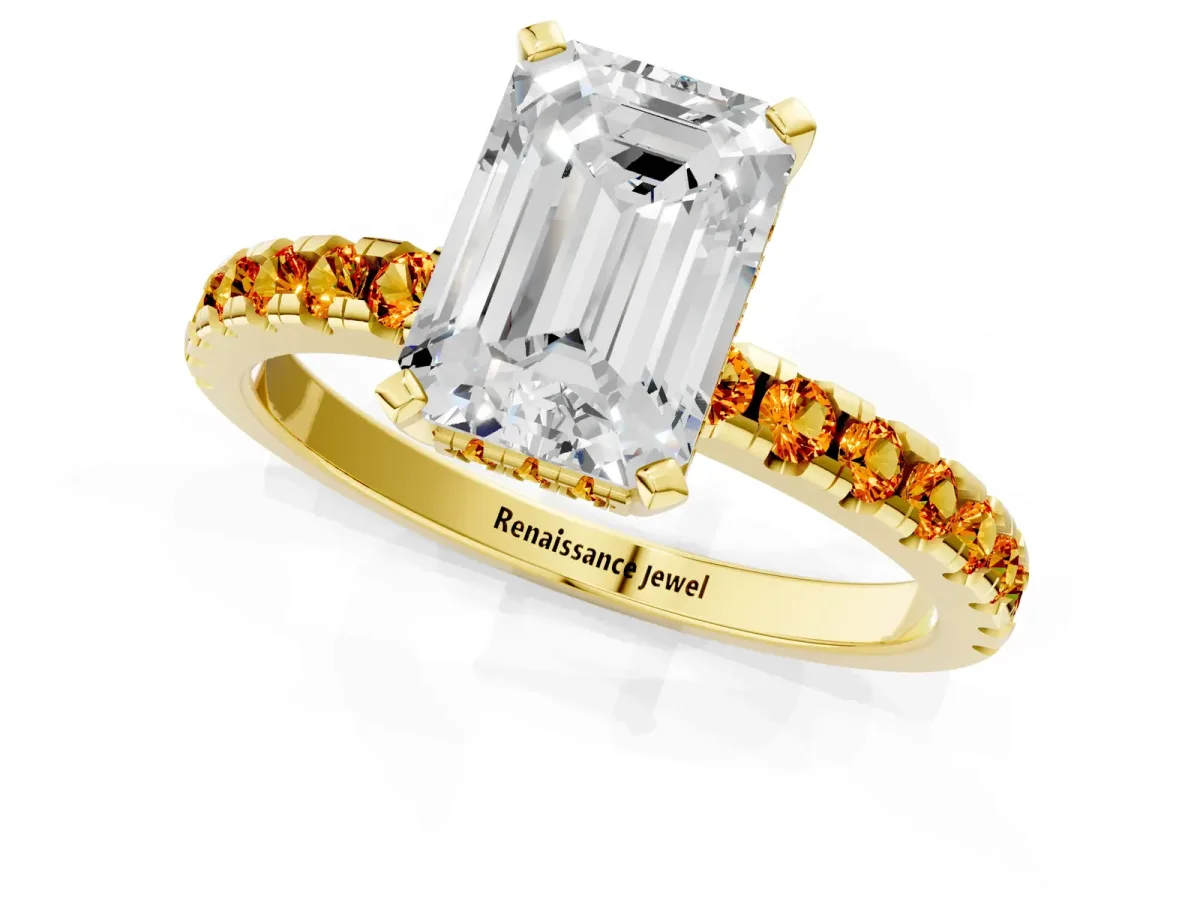 Emerald Cut Diamond Solitaire Ring with Round Citrine Pavé Band and Four-Prong Setting Yellow gold