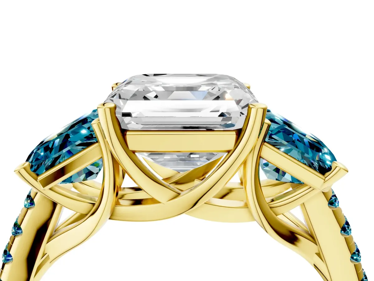 Three-Stone Asscher Cut Diamond Ring with Round Blue Topaz Pavé Band and Prong Setting Yellow gold