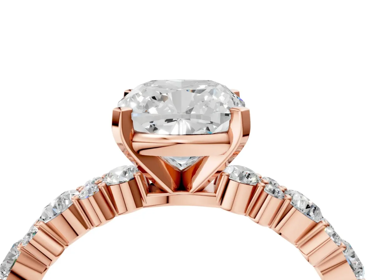 Cushion Cut Diamond Side Stone Solitaire Ring with Round and Four-Prong Setting Rose gold