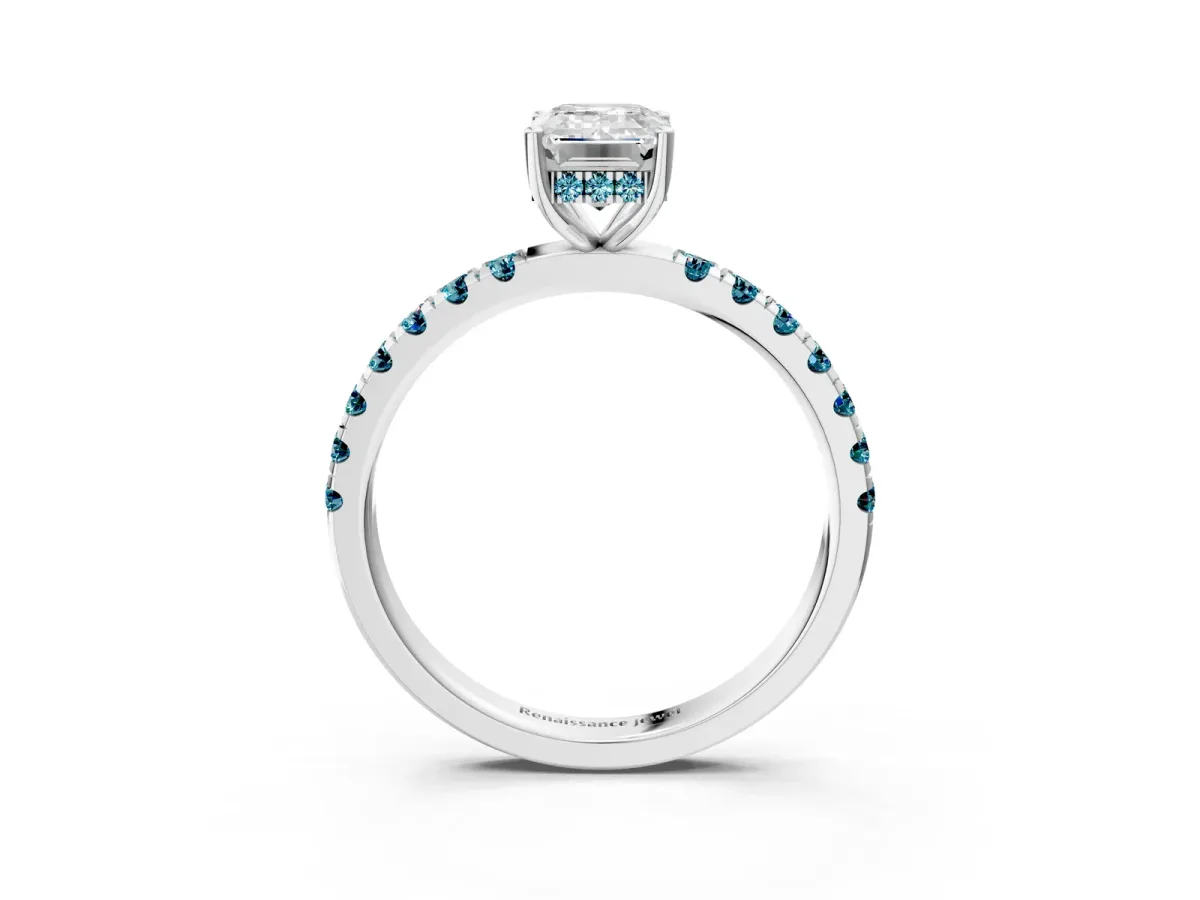 Emerald Cut Diamond Pave Band Solitaire Ring with Round Blue Topaz and Prong Setting Platinum